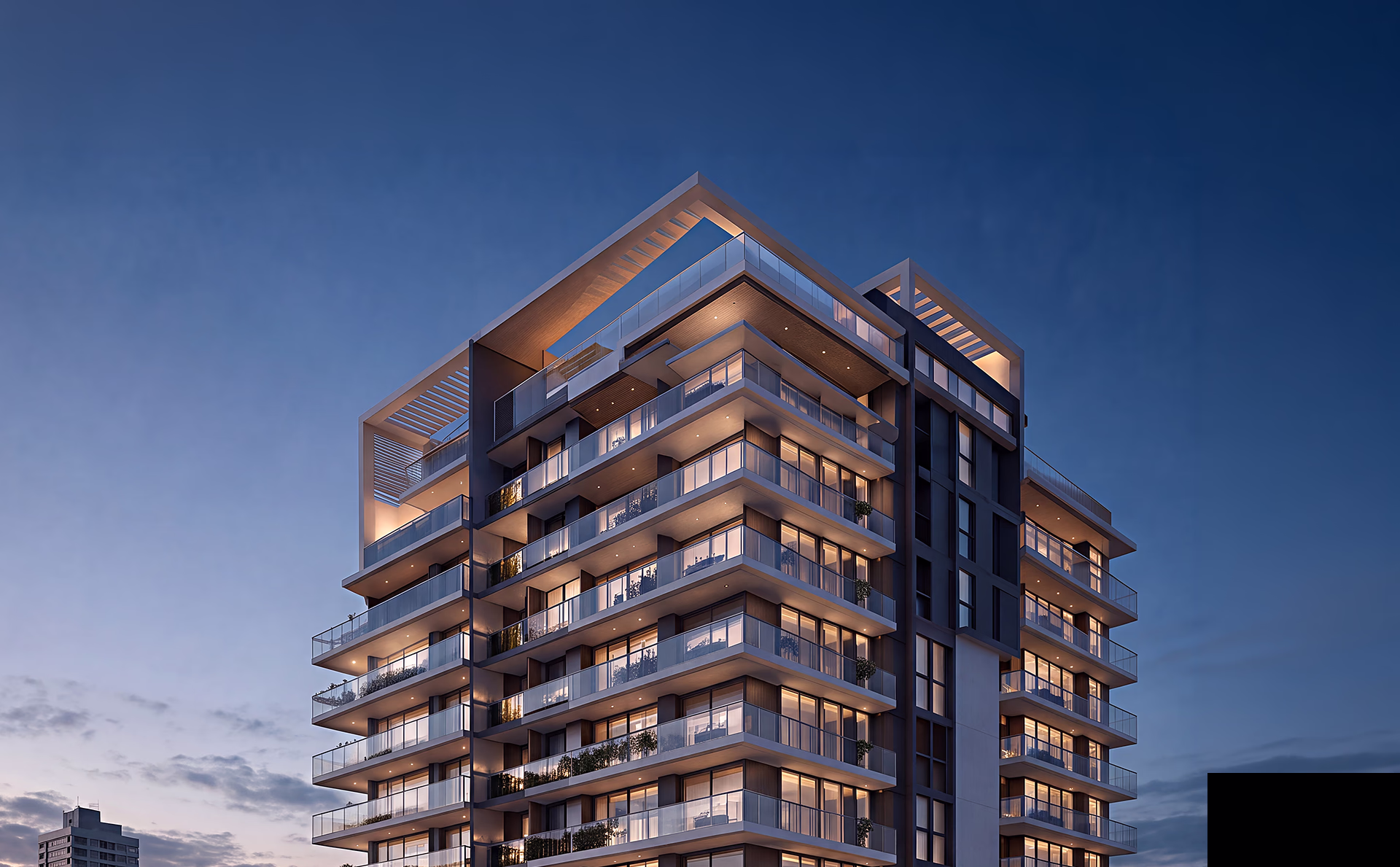 Render de empreendimento imobiliário ao entardecer em São Paulo