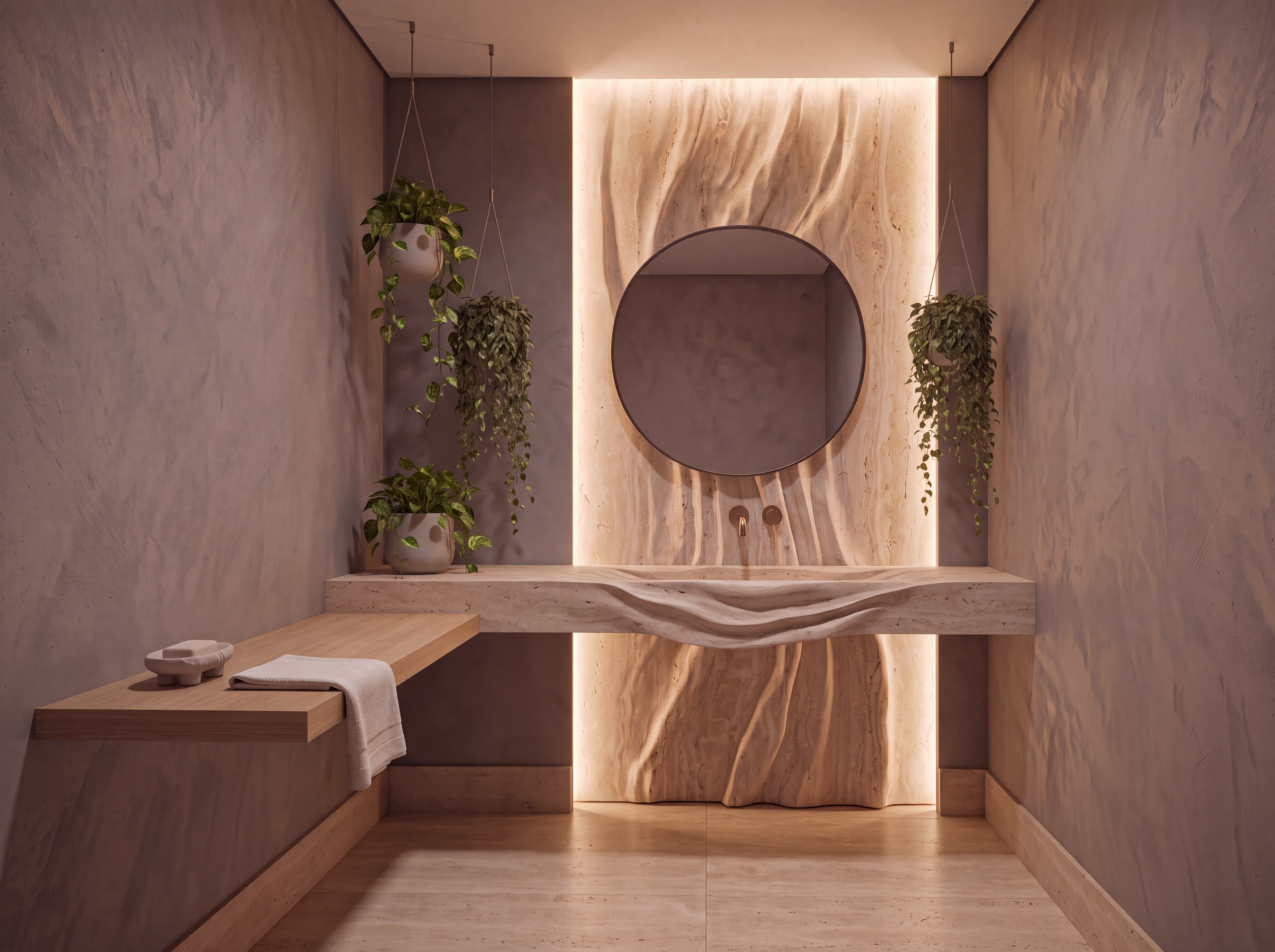 Render de lavabo com travertino esculpido