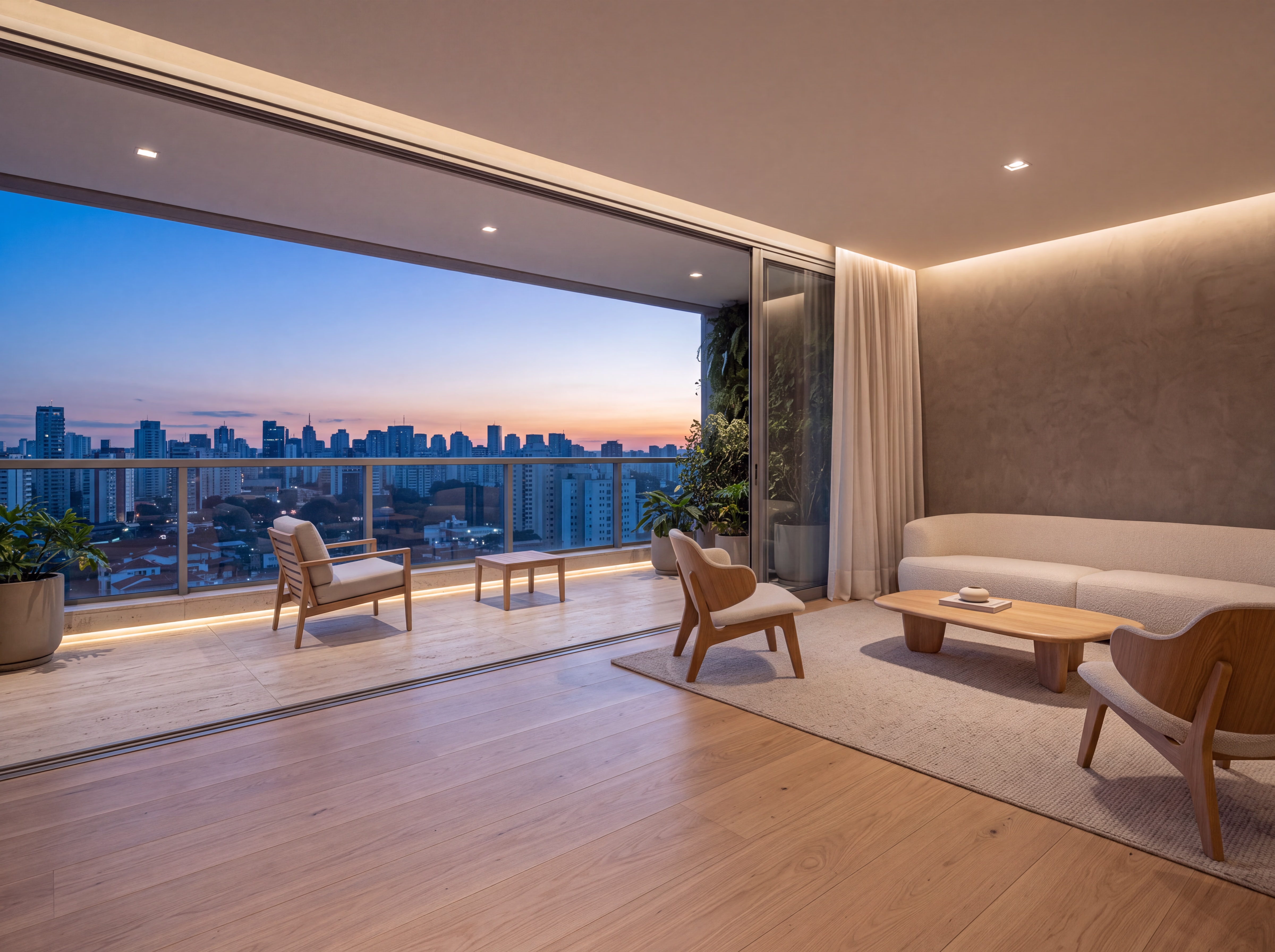 Render de sala de estar com vista para a cidade