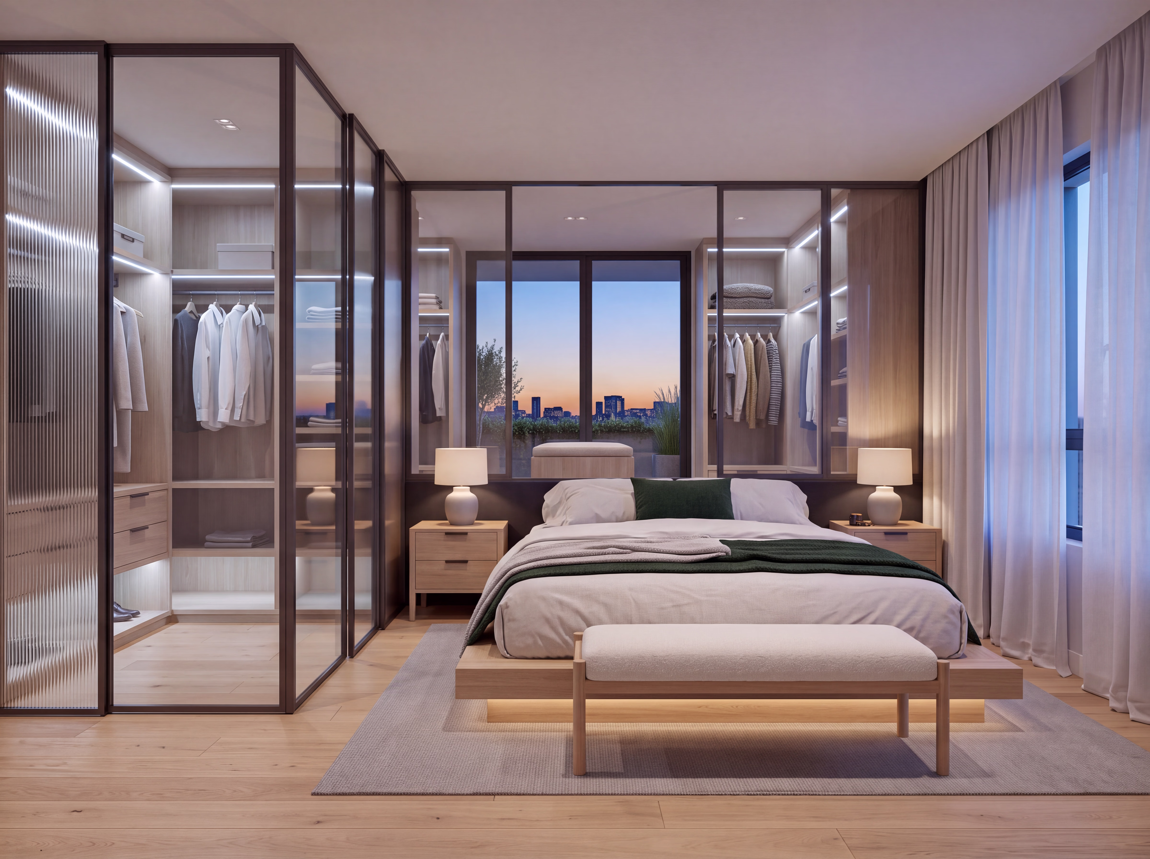 Render de suíte master ao entardecer